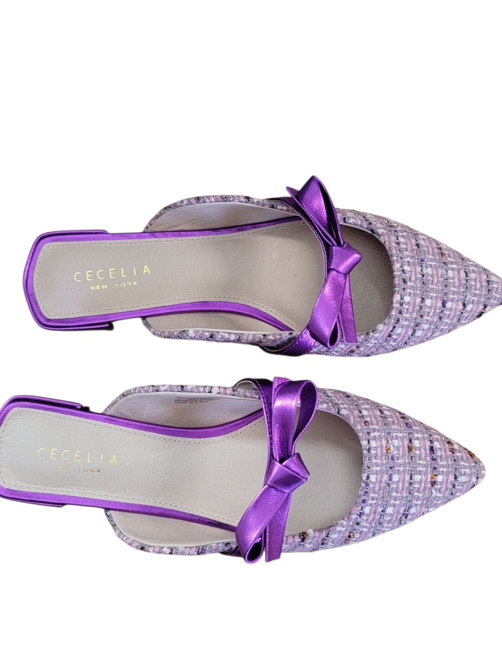 CECELIA NEW YORK Bethel Metallic Purple Bow Tweed Pointed Mules